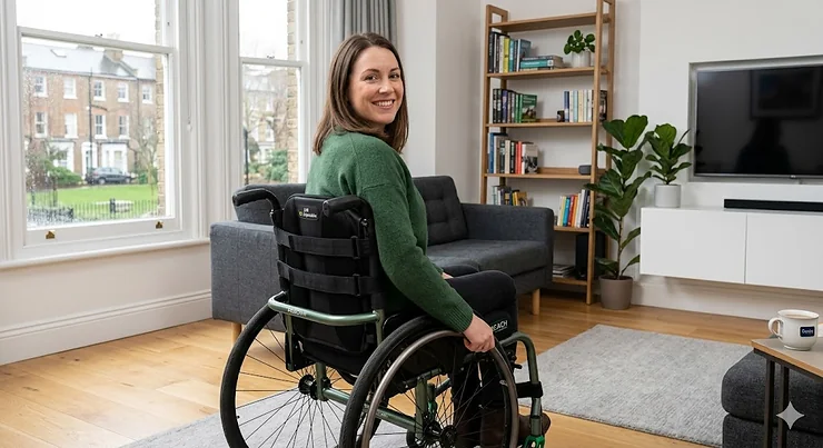 A side-profile view of an adjustable wheelchair backrest fitted to a modern active-user wheelchair. adjustable wheelchair backrest