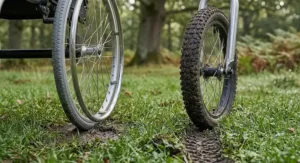 A side-by-side comparison of standard wheels versus all terrain wheelchair wheels on wet grass.