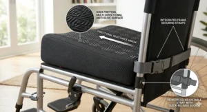 An angled foam wedge cushion designed to prevent sliding in a wheelchair.