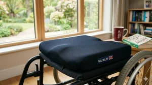 Close-up of a breathable fabric cover on a gel wheelchair seat cushion.