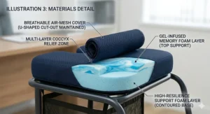 Close-up of the breathable, moisture-wicking fabric cover on a coccyx wheelchair cushion, designed for long-term comfort and hygiene.