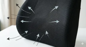 Close-up diagram illustrating how air circulates through the breathable mesh cover of a wheelchair lumbar support cushion to prevent overheating.