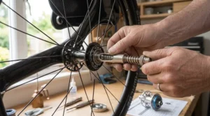 A close view of a locking pin on a quick release axle to ensure it is fully engaged.
