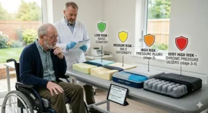 A clinical consultation categorising various cushion types based on pressure injury risk levels for patient care.
