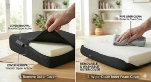Icon set demonstrating how to wipe clean a removable wheelchair cushion cover.