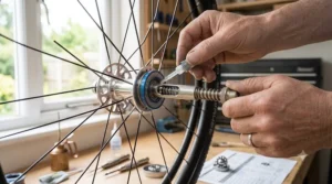 Maintenance tips for cleaning the quick release axle and wheel hub bearings.