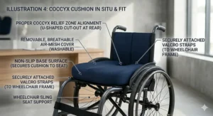 A grey coccyx wheelchair cushion placed securely onto a standard manual wheelchair seat, demonstrating correct positioning and fit.