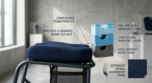 Side profile view of a high-density foam wheelchair cushion showing the cut-out section for tailbone support and posture correction.