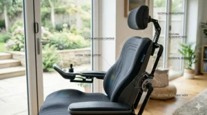 Custom-moulded seating system providing stability for spinal cord injury support.