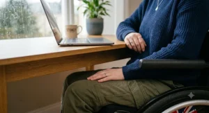 Close-up photorealistic shot of a woman in a manual wheelchair pulled flush against a wooden desk in a rain-streaked UK home.