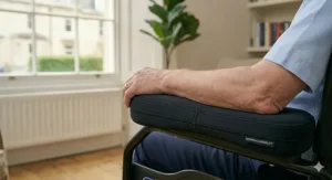 Close-up of tough neoprene material on waterproof wheelchair armrest pads.