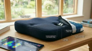 Ergonomic contouring of a gel seat cushion for improved wheelchair posture.