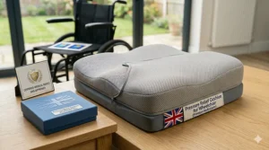 A versatile pressure relief cushion for a wheelchair positioned to show compatibility with standard models.