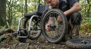 A technician demonstrating how to attach quick-release all terrain wheelchair wheels to a frame.