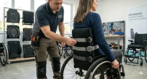 A technician assisting a wheelchair user with the adjustment of tension straps on their seating system.