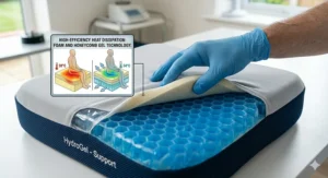A cross-section view of a hybrid wheelchair cushion demonstrating honeycomb gel heat dissipation properties.