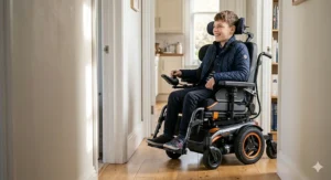 Compact electric wheelchair design demonstrating ease of navigation in home and school environments.