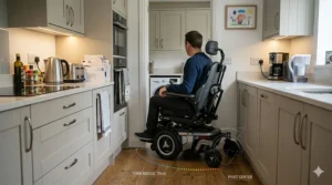 Mid-wheel drive electric wheelchair navigating a tight indoor space with ease.