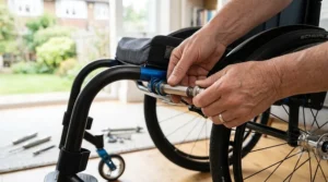 Hands sliding a quick release wheel axle into the wheelchair frame for secure attachment.