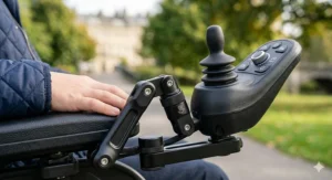Sensitive joystick controller for an electric wheelchair, adapted for varying motor control needs.