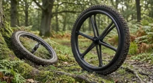 Close-up of high-performance carbon fibre all terrain wheelchair wheels for rugged outdoor trails.