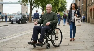 A user enjoying independence outdoors, navigating a park in a lightweight manual wheelchair fitted with comfortable, height-adjustable armrests.