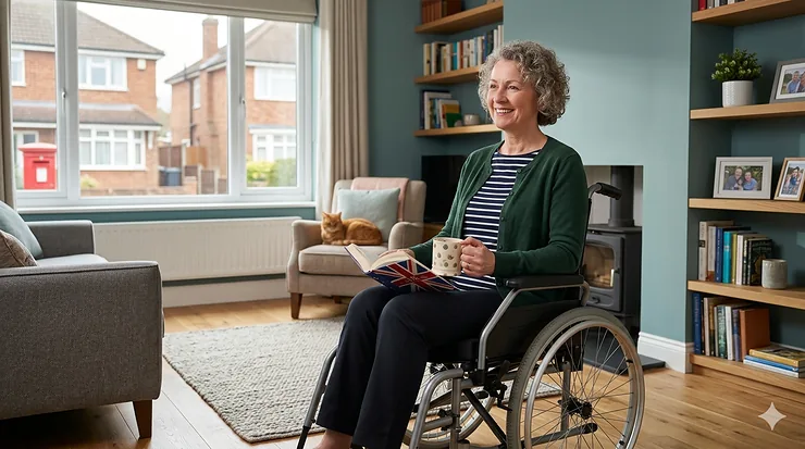 A smiling wheelchair user in a naturally lit modern living room, demonstrating how an ergonomic lumbar support cushion aligns the spine and improves posture.