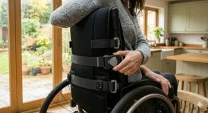 Side view of a person adjusting the horizontal tension straps on their wheelchair backrest for improved support.