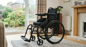 A complete, side-profile view of a sleek, black manual wheelchair clearly displaying its functional adjustable height armrests.