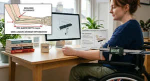 Close-up shot of a professional measuring a wheelchair user for proper elbow clearance, featuring a digital caliper showing centimetres and illustrative diagrams.