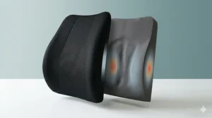 An exploded 3D illustration revealing the contoured high-density memory foam core of a wheelchair lumbar support cushion and how it redistributes pressure.