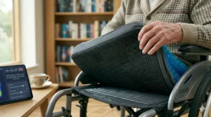Underside of a gel wheelchair cushion showing the non-slip safety base.