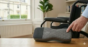 Underside of a wheelchair armrest pad showing the non-slip silicone texture.
