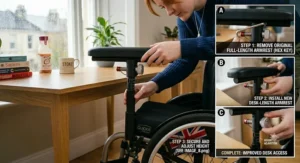 Photorealistic shot of a woman in a manual wheelchair, with a Union Jack wheel insert, sitting flush at an oak office desk in the UK.