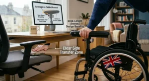 An extreme photorealistic close-up focusing on the breathable technical mesh fabric and supportive foam of a wheelchair desk-length armrest.