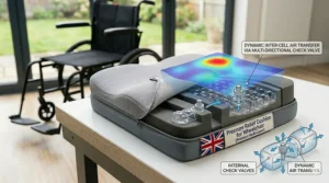 A portable pressure relief cushion for a wheelchair, showcasing its lightweight design for travel.