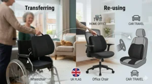 An infographic illustrating the portability of a single lumbar support cushion being easily moved from a wheelchair to an ergonomic office chair and a British car seat.