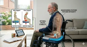 A medical graphic illustrating how correct pelvic support promotes healthy posture and skin integrity while seated.