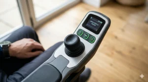 Close-up of a powerchair joystick control for precise, independent navigation.