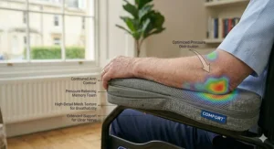 Illustration highlighting pressure points on the elbow relieved by padded armrests.