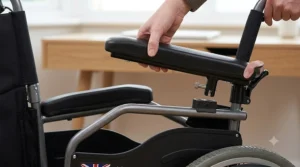 A user at a traditional wooden desk with the right armrest of the wheelchair removed. This allows the chair to be pulled closely to the workspace for better access.