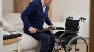 A detailed close-up of a hand engaging the simple push-button mechanism on a detachable wheelchair armrest to release and remove it.