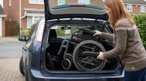 A folded manual wheelchair with its two removable armrests detached and placed alongside it, ready for easy storage in a compact car boot.