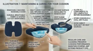 A demonstration of the removable, machine-washable outer cover being zipped off a coccyx wheelchair cushion for easy maintenance.