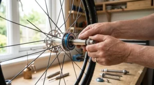 A user demonstrating the easy removal of a wheelchair wheel using a quick release axle.