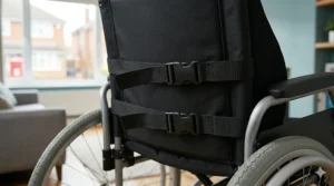 Illustration showing the rear view of a lumbar support cushion being secured to a wheelchair backrest using durable, adjustable dual nylon straps.