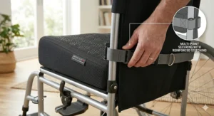 Close-up of the adjustable securing ties on a wedge cushion for wheelchairs.