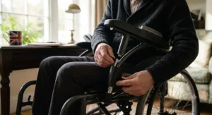 A high-quality pair of detachable, fabric-padded wheelchair armrests and their receiving sockets displayed next to a wheelchair frame.