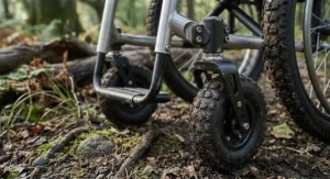 Large, wide front swivel castors paired with all terrain wheelchair wheels for uneven ground.