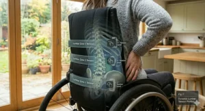 Diagram showing how tension adjustable straps provide targeted lumbar support to the spine.
